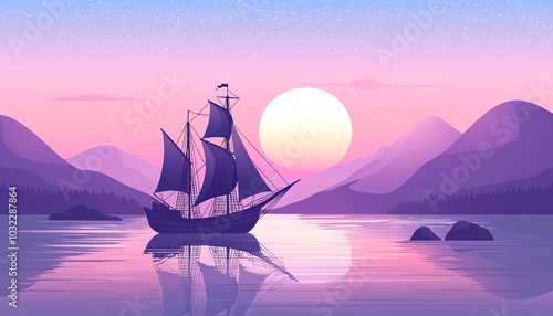 Scenic sunset view with a sailing ship on calm waters surrounded by mountains.