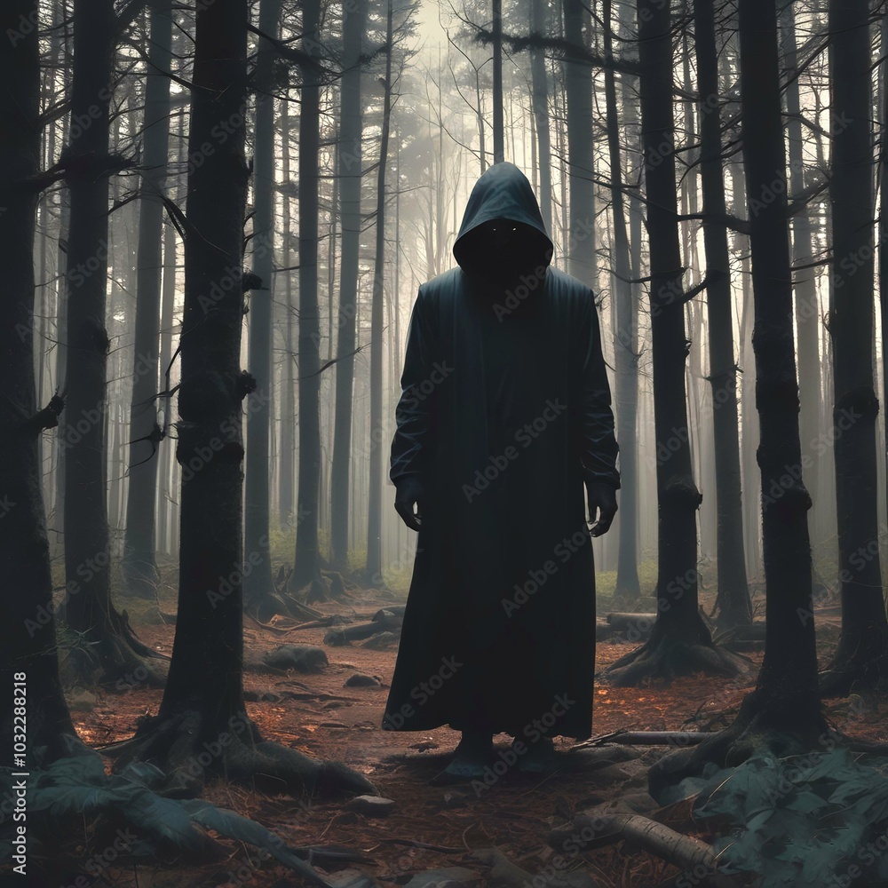 Illustration of hooded person in dark cloak standing in woods. Illustration of hooded person in dark cloak standing in woods.
