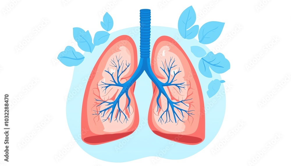 Fototapeta premium Illustration of healthy lungs surrounded by leaves, symbolizing fresh air and respiratory health.