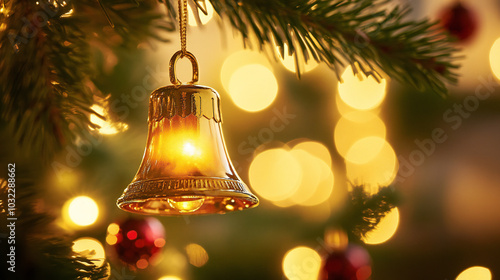 A glowing golden bell ornam...