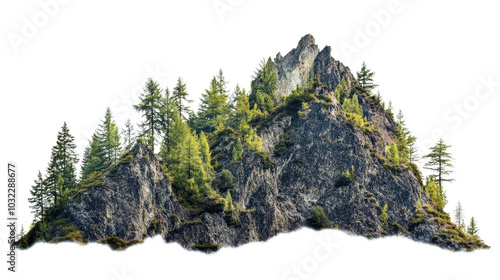 Rocky mountain peak with green trees, Transparent background