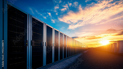 Rows of battery storage units set outdoors, their sleek surfaces reflecting sunlight, with a blue sky overhead symbolizing clean technology and energy independence.