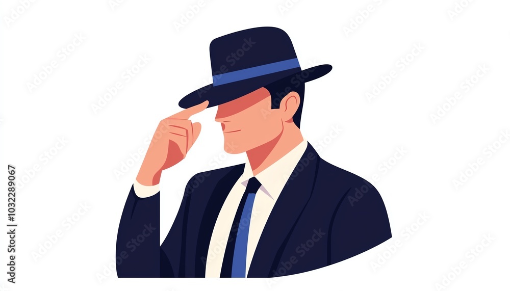 Stylish man in a suit tipping his hat, showcasing elegance and sophistication, ideal for business or fashion themes. Stylish man in a suit tipping his hat, showcasing elegance and sophistication, ideal for business or fashion themes.