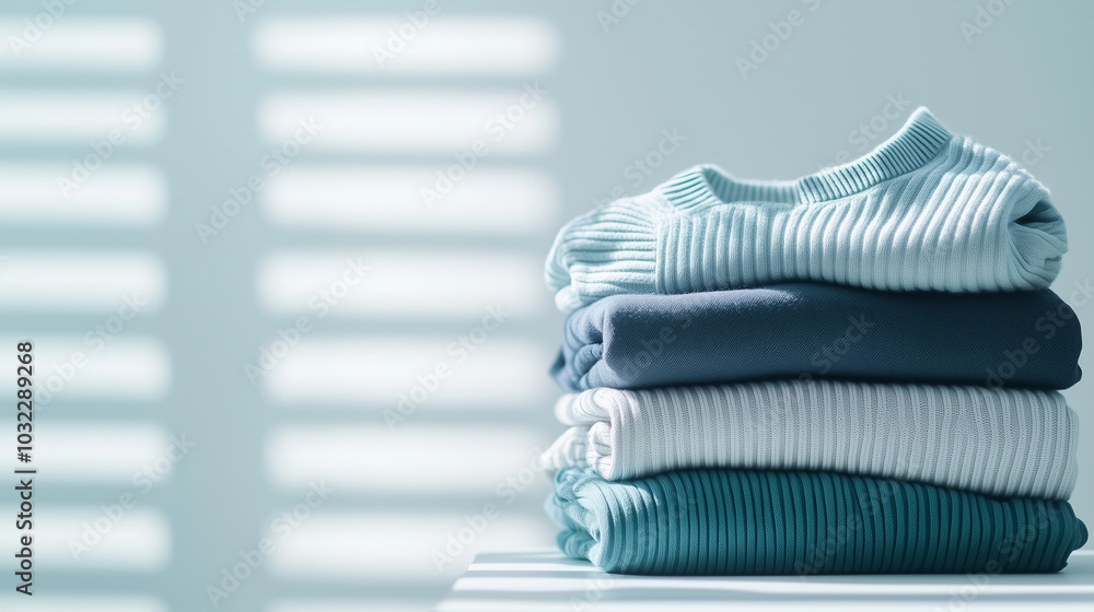 Neatly folded pastel jeans, shirts, and cozy sweaters stacked in a harmonious tower, resting on a simple light backdrop, evoking the essence of order and cleanliness in home life. Neatly folded pastel jeans, shirts, and cozy sweaters stacked in a harmonious tower, resting on a simple light backdrop, evoking the essence of order and cleanliness in home life.
