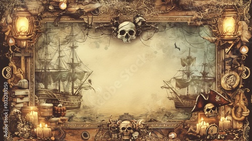 A pirate-themed background featuring ships, skulls, and nautical elements for creative use. photo