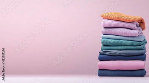 A stack of pastel-hued clothing items, with perfectly folded jeans, shirts, and sweaters, standing against a clean, light background, radiating a sense of calm and domestic efficie