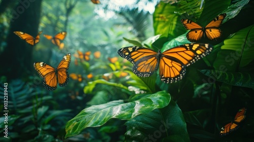 Butterflies in Flight Among Lush Green Foliage photo