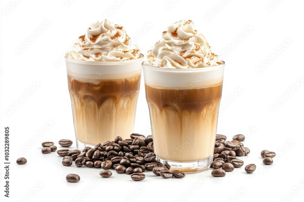Two Caramel Latte Glasses Isolated, Iced Coffee Beverage, Coffee Beans, White Background Two Caramel Latte Glasses Isolated, Iced Coffee Beverage, Coffee Beans, White Background