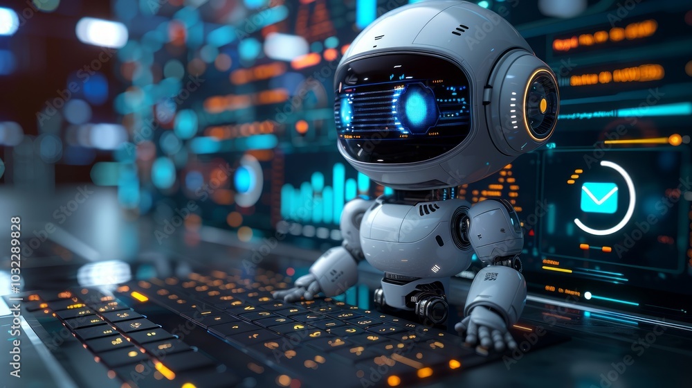 A futuristic white robot with blue glowing eyes sits at a computer keyboard in front of a monitor displaying digital data and an email icon. A futuristic white robot with blue glowing eyes sits at a computer keyboard in front of a monitor displaying digital data and an email icon.