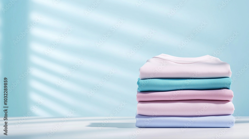 A neatly arranged pile of folded pastel clothes, their gentle hues standing out against a light surface, symbolizing the simplicity and beauty of organized domestic life. A neatly arranged pile of folded pastel clothes, their gentle hues standing out against a light surface, symbolizing the simplicity and beauty of organized domestic life.