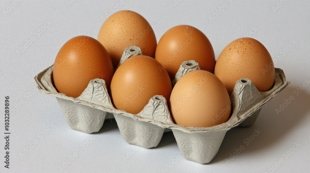 A carton holding six brown eggs on a light background. A carton holding six brown eggs on a light background.