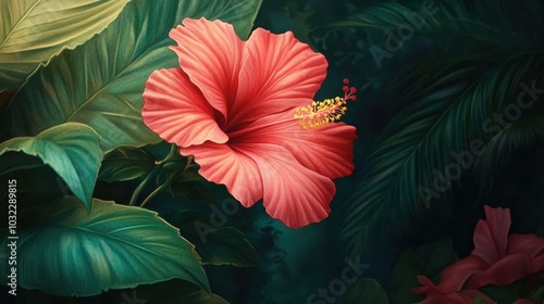 A vibrant hibiscus flower blooming in an Indian garden, with detailed petals and leaves.