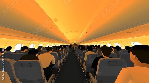 A long view of a crowded airplane cabin with rows of passengers and a narrow aisle. The bright yellow overhead lighting gives the image a warm, inviting feel. photo