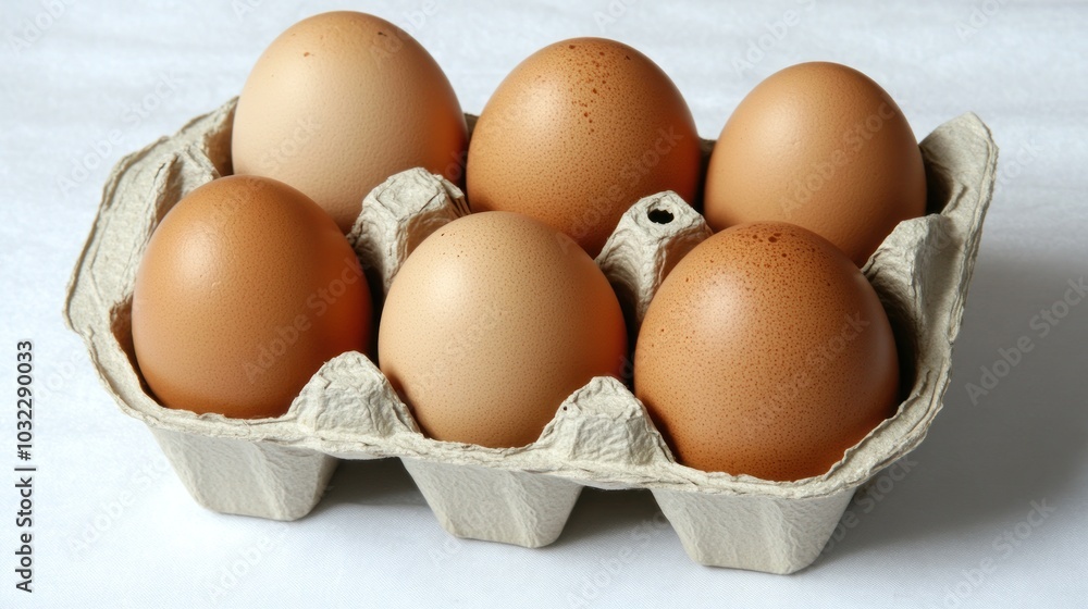 A carton containing six brown eggs on a light background. A carton containing six brown eggs on a light background.