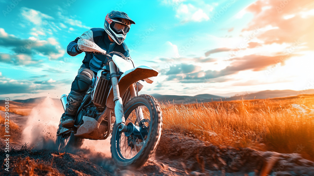 Naklejka premium Off-road in protective gear, a motorcyclist powers through rough terrain, eyes on the distant horizon, evoking the feeling of freedom and boundless adventure in nature.