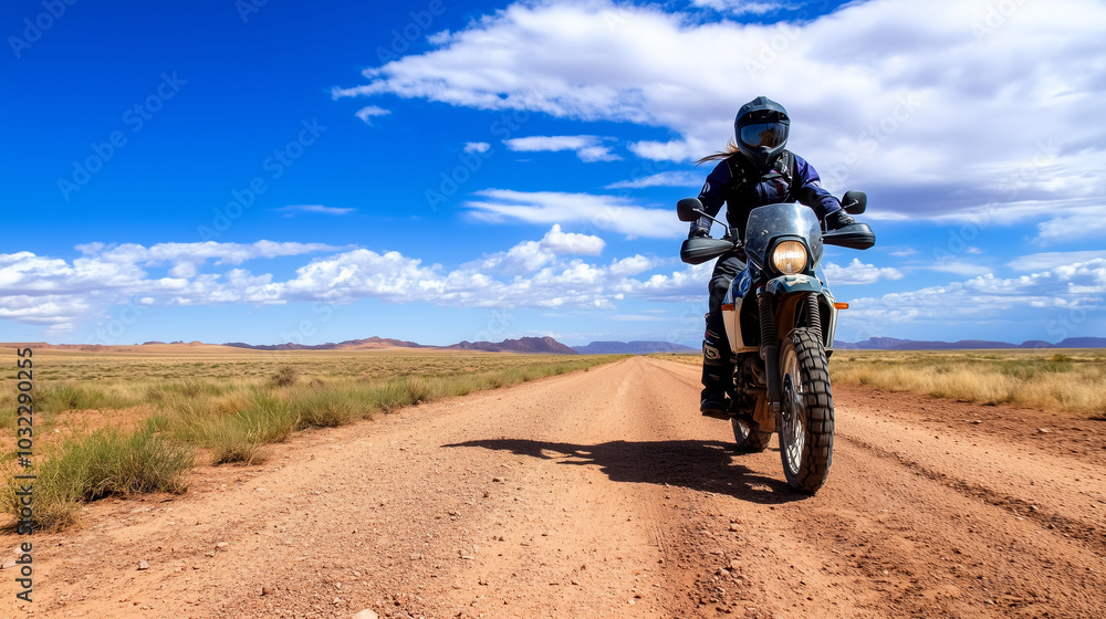 A lone motorcyclist in protective gear rides across desolate, rough terrain, eyes on the horizon as they explore new frontiers, embodying the spirit of travel and the joy of advent A lone motorcyclist in protective gear rides across desolate, rough terrain, eyes on the horizon as they explore new frontiers, embodying the spirit of travel and the joy of advent
