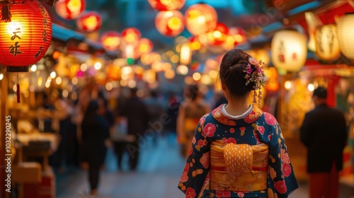 A vibrant Japanese festival with colorful lanterns, traditional garments, and detailed street stalls in the evening.