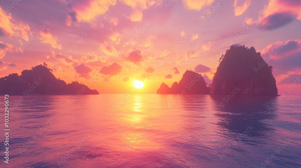 A vibrant sunset over the Thai islands, with detailed clouds and the sun reflecting off the water. A vibrant sunset over the Thai islands, with detailed clouds and the sun reflecting off the water.