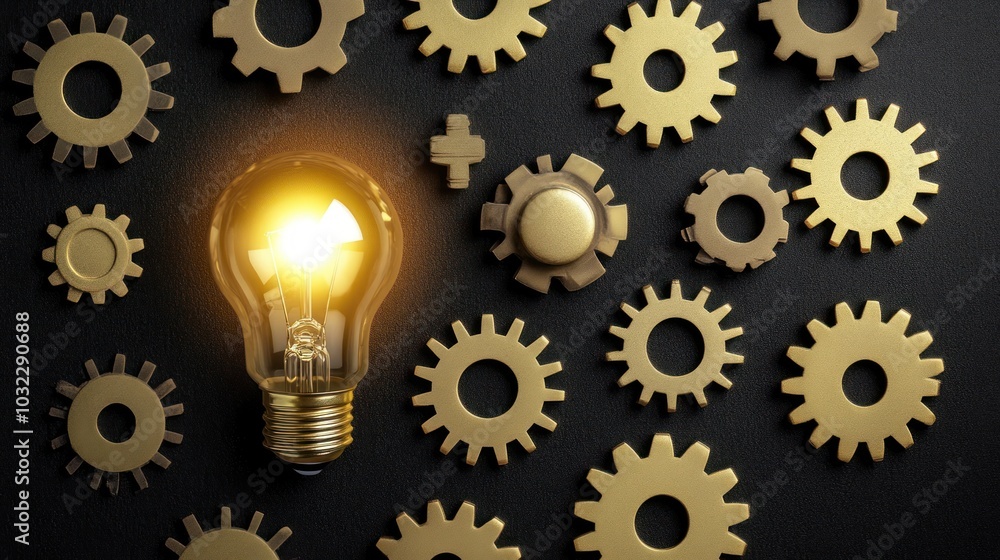 Illuminated Light Bulb Among Golden Gears on a Black Background Illuminated Light Bulb Among Golden Gears on a Black Background