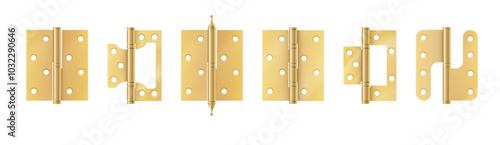 Golden door hinges construction hardware. Realistic set of gold tools for joint gates and windows. metal hinges for house and furniture. vector