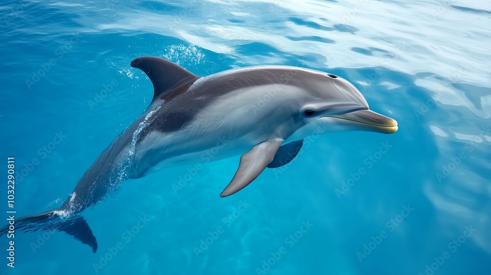 A dolphin swimming gracefully in clear blue waters during daylight in a serene ocean environment A dolphin swimming gracefully in clear blue waters during daylight in a serene ocean environment