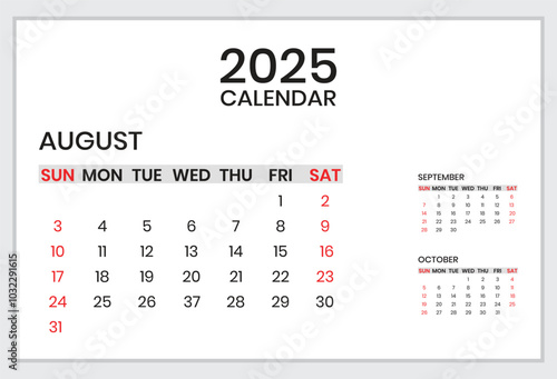 Calendar for August 2025. Vector design print template. Vector illustration. Planer design for personal and business use