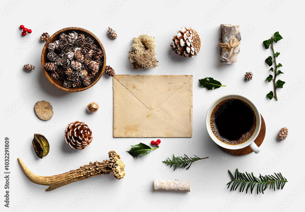 Rustic Winter Flat Lay with Coffee and Pinecones Scene Creator Stock