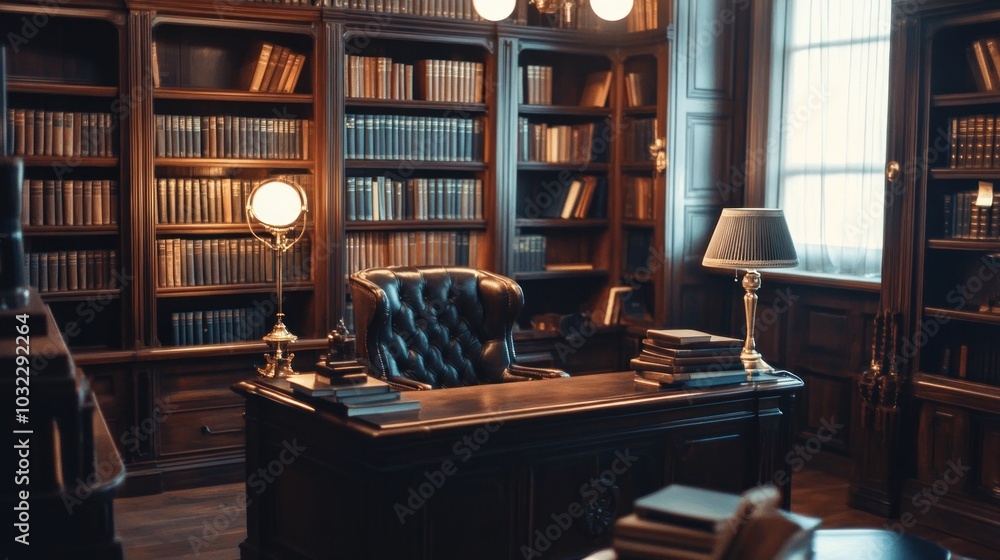 A classic office space with wooden shelves filled with books and a leather chair. A classic office space with wooden shelves filled with books and a leather chair.