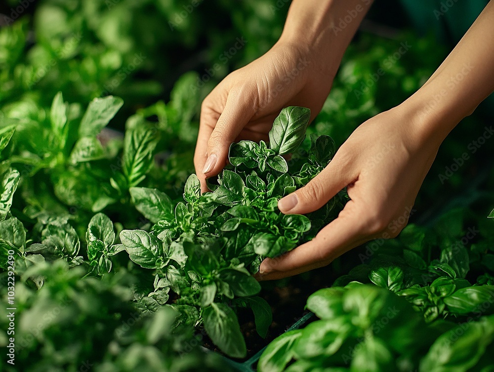 A close-up of hands harvesting fresh herbs from a small, indoor herb garden A close-up of hands harvesting fresh herbs from a small, indoor herb garden
