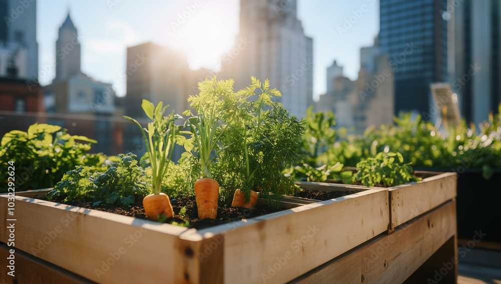 Urban garden with carrots and herbs, thriving in sunlight. Urban garden with carrots and herbs, thriving in sunlight.