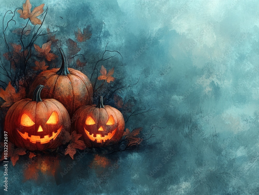 Naklejka premium A spooky Halloween scene featuring three carved pumpkins surrounded by autumn leaves.