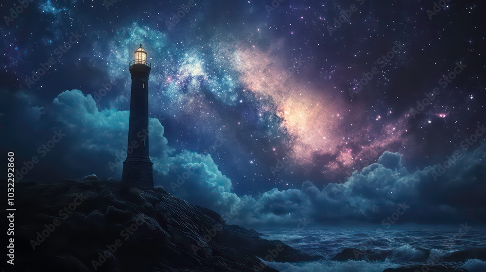 A lone lighthouse stands tall against a backdrop of a starry night sky, its light piercing through the clouds and illuminating the stormy sea. A lone lighthouse stands tall against a backdrop of a starry night sky, its light piercing through the clouds and illuminating the stormy sea.