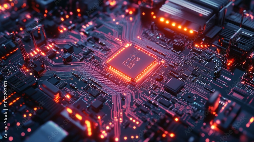 Close-up of a glowing circuit board with intricate pathways and components. Close-up of a glowing circuit board with intricate pathways and components.