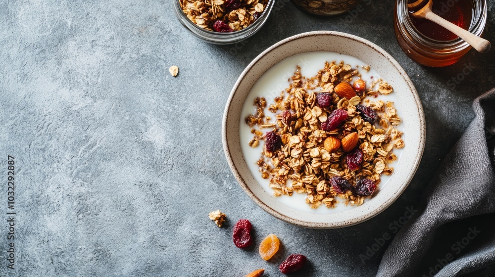 Fototapeta premium A bowl of granola with dried fruits and yogurt, showcasing a healthy breakfast option.