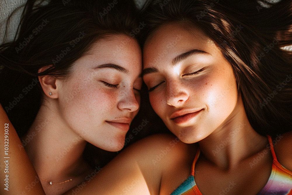 lesbian smiling with closed eyes, lying together enjoying a warm moment lesbian smiling with closed eyes, lying together enjoying a warm moment