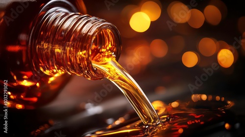 Close-up of amber liquid pouring from a bottle with blurred lights in the background.