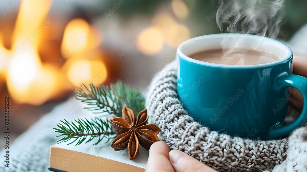 Cozy reading moment with a person curled up in a warm blanket sipping a steaming mug of hot cocoa and enjoying a book by the crackling fireplace in a peaceful indoor setting Cozy reading moment with a person curled up in a warm blanket sipping a steaming mug of hot cocoa and enjoying a book by the crackling fireplace in a peaceful indoor setting
