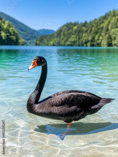 A serene black swan gracefully swims in crystal-clear waters, surrounded by lush greenery and mountains, showcasing nature's beauty.