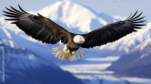 A bald eagle soars above a snow-capped mountain range, its wings outstretched and talons extended.