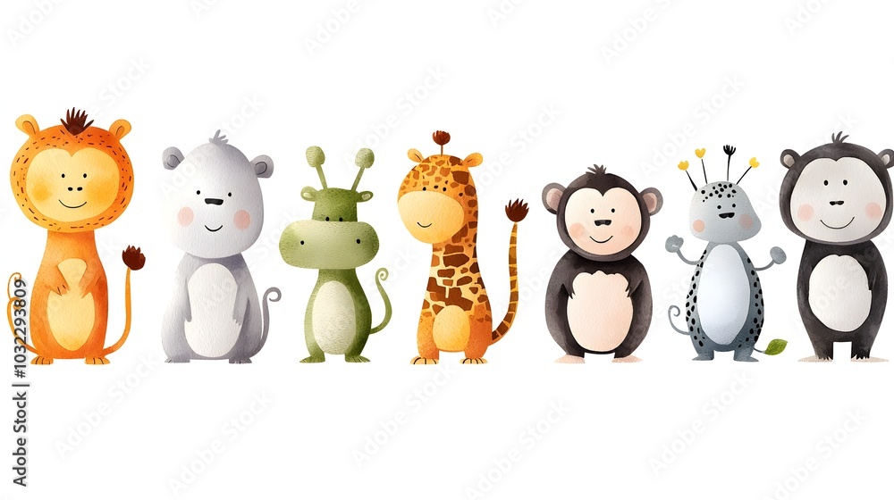 Naklejka premium Charming Watercolor Painting Set Depicting Various Wild Monkey Species in Their Natural Habitats and Poses Ideal for Zoo or Wildlife Themed Clipart and Graphic Design