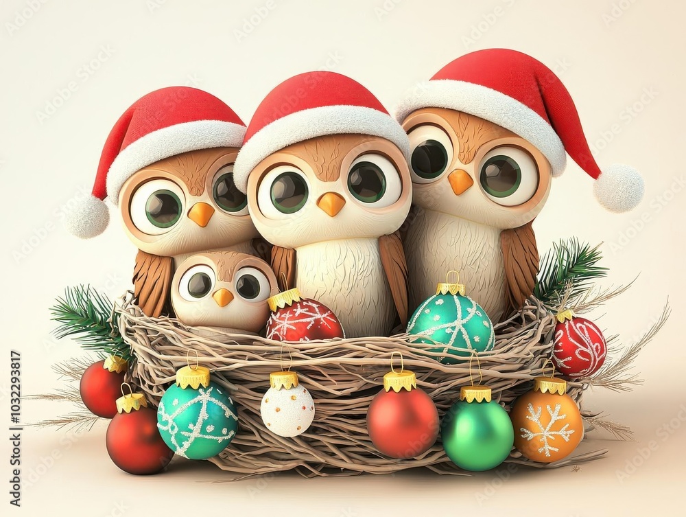 Owl family in Santa hats, sitting in a nest decorated with Christmas ornaments, cute cartoon 3D illustration Owl family in Santa hats, sitting in a nest decorated with Christmas ornaments, cute cartoon 3D illustration
