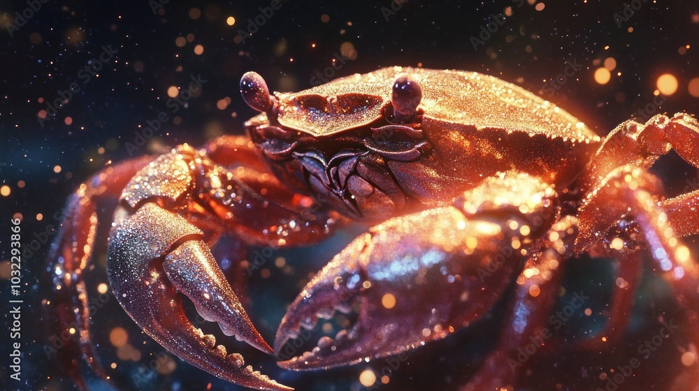 A detailed, shimmering crab against a vibrant, sparkling background. A detailed, shimmering crab against a vibrant, sparkling background.
