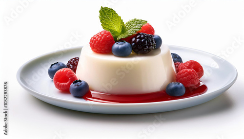 Delightful Panna Cotta, adorned with fresh raspberries, blueberries, blackberries and mint, a perfect summer dessert!