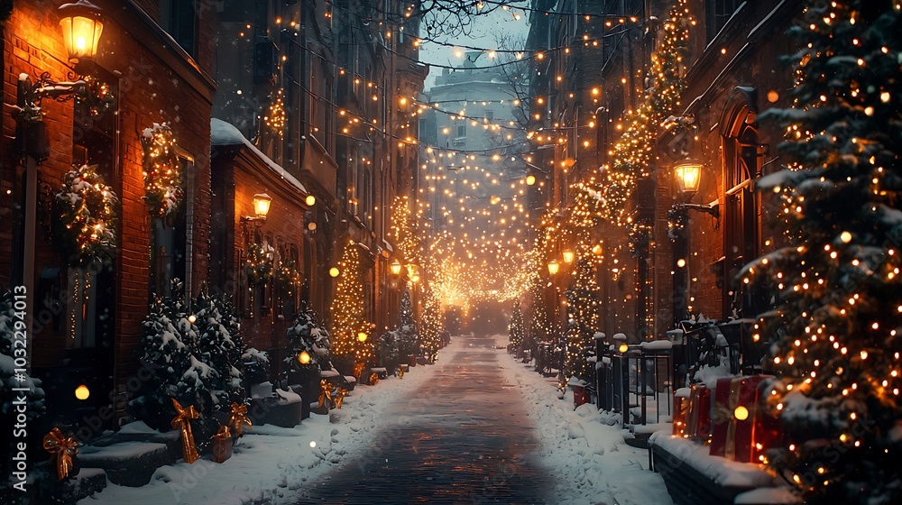 Enchanting Snowy Street Decorated with Twinkling Lights Enchanting Snowy Street Decorated with Twinkling Lights