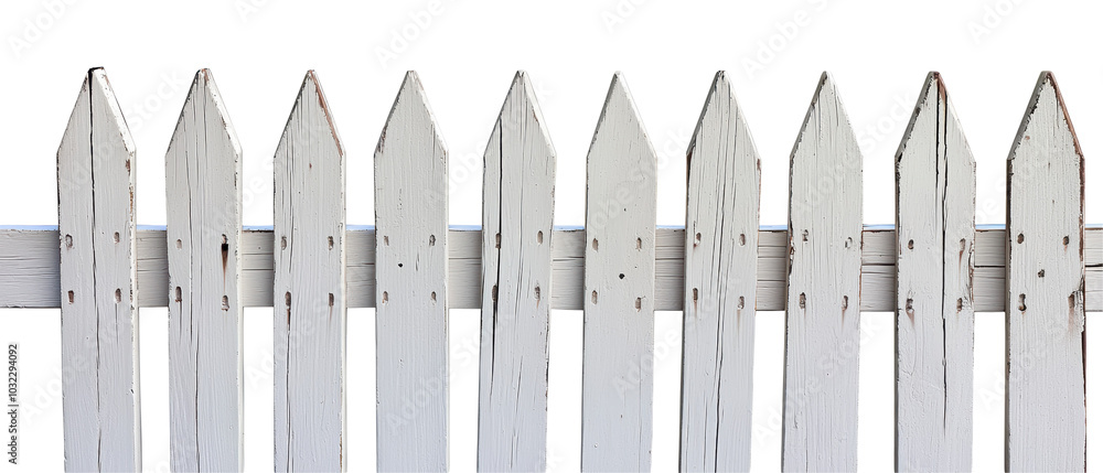 Fototapeta premium A white wooden picket fence with pointed tops against a transparent background, showcasing its classic design and weathered texture.