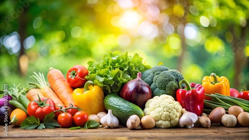 All Vegetables are on the blurred outdoor background. vegetables on the table.