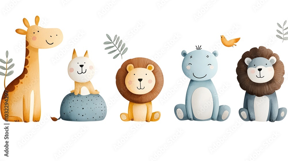 Fototapeta premium Enchanting hand painted watercolor of a charming camel playful monkey majestic lion and graceful kangaroo in an adorable zoo animal clipart set on a clean background