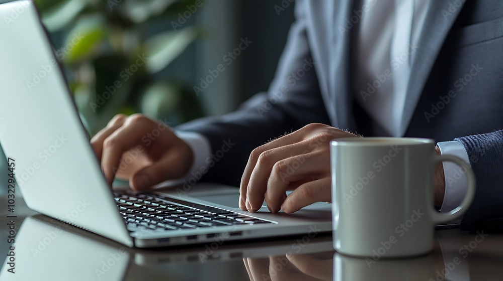 A businessman working on a laptop with a cup of coffee next to him. A businessman working on a laptop with a cup of coffee next to him.
