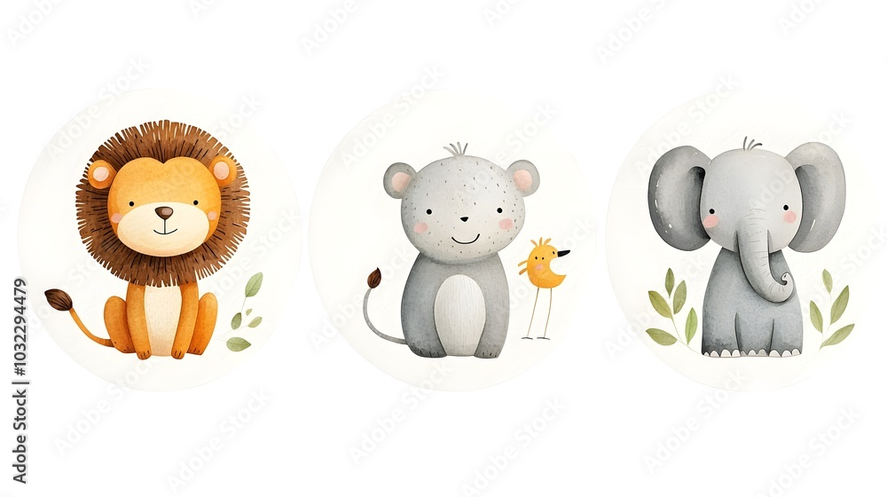 Naklejka premium Watercolor Clipart Set Featuring a Collection of Cute and Charming Wildlife Animals Including a Monkey Lion Elephant and Kangaroo with Detailed Brushwork and Textures