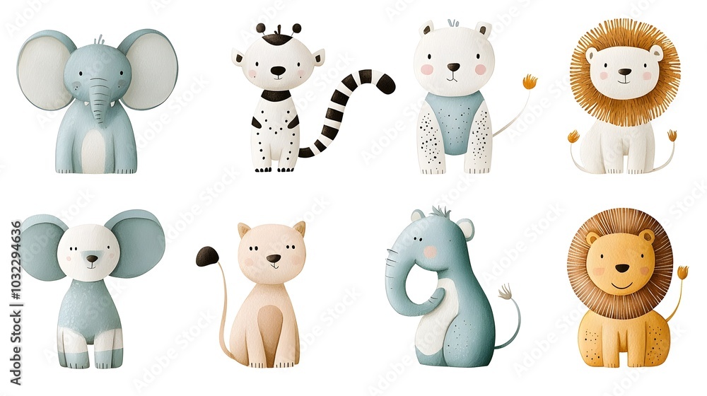Fototapeta Whimsical Watercolor Wildlife Captivating Portraits of Beloved Animals in Soft Vibrant Colors on a Clean Background